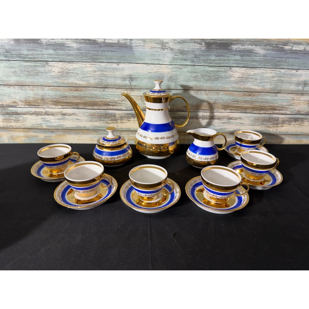 Vintage Santa Clara Porcelain Coffee Tea Set Blue Gold White 15 Piece Gilded Set